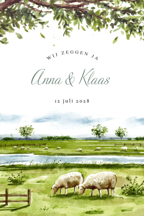 Trouwkaart met schapen in de wei – landelijke aquarel trouwkaart