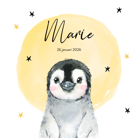 Winter geboortekaartje meisje met pinguin, sterren en gele waterverf