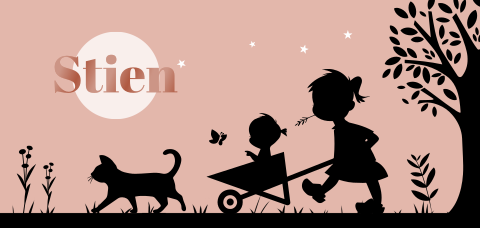 Silhouet geboortekaartje grote zus met kruiwagen met baby zusje