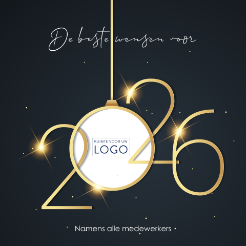 Blauwe grafische kerstkaart met 2026 in blinkend goud