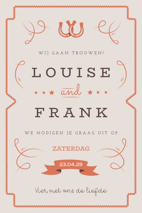 Vintage trouwkaart met westernlook en hoefijzers