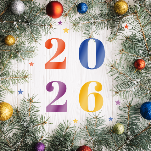 Hoogglans kerstkaart met kerstballen en kleurrijk 2026