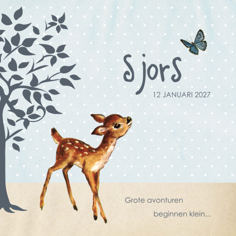 Blauw geboortekaartje met lief hert en boom