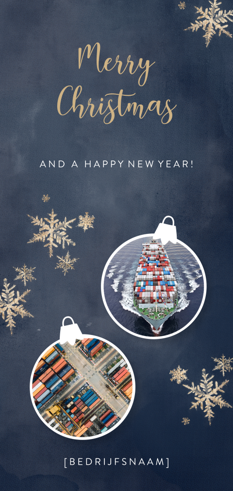 Donkerblauwe kerstkaart met containerschepen in kerstballen