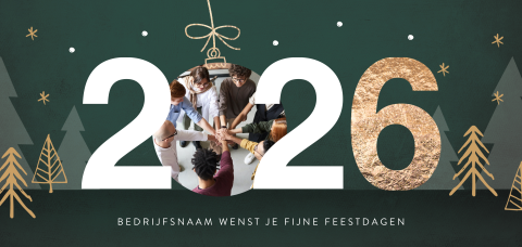 Donkergroene kerstkaart met 2026 en eigen foto