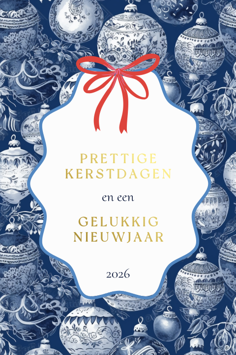 Klassieke kerstkaart met Delfts blauwe kerstballen
