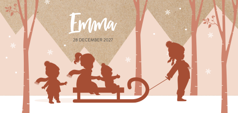 Winter geboortekaartje 4e kindje meisje met silhouettes