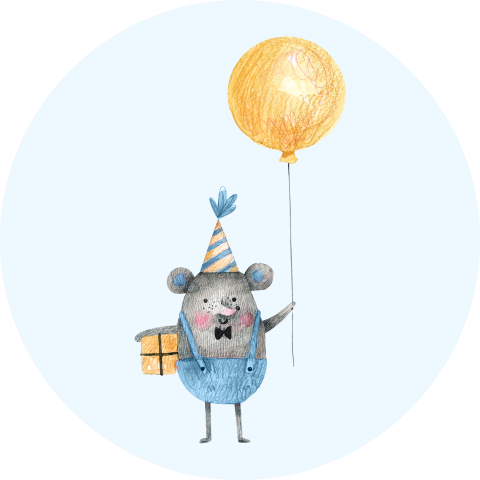 Blauwe sluitsticker kinderfeestje met muis en ballon