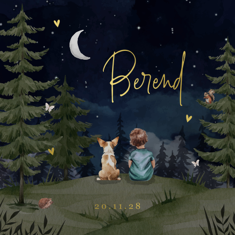 Nacht geboortekaartje met waterverf jongen en hondje