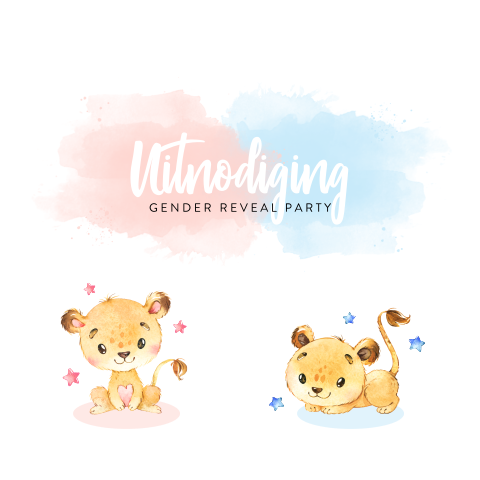 Uitnodiging gender reveal party met leeuwtjes