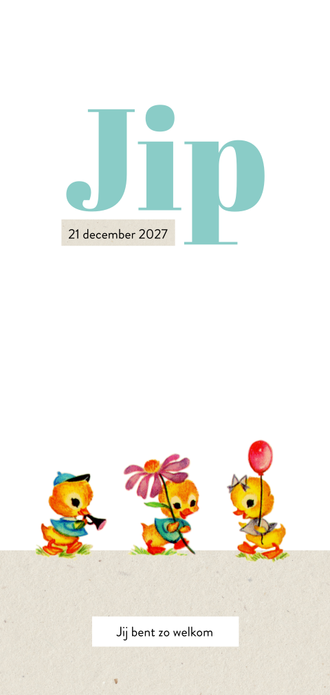 Vintage geboortekaartje met lieve eendjes en blauwe typografie
