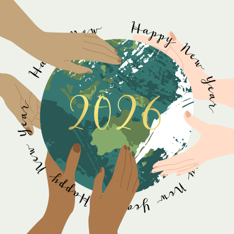 Nieuwjaarskaart met handen op wereldbol en 2026