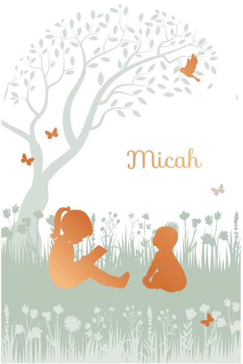 Geboortekaartje grote zus en baby jongen lezend onder boom