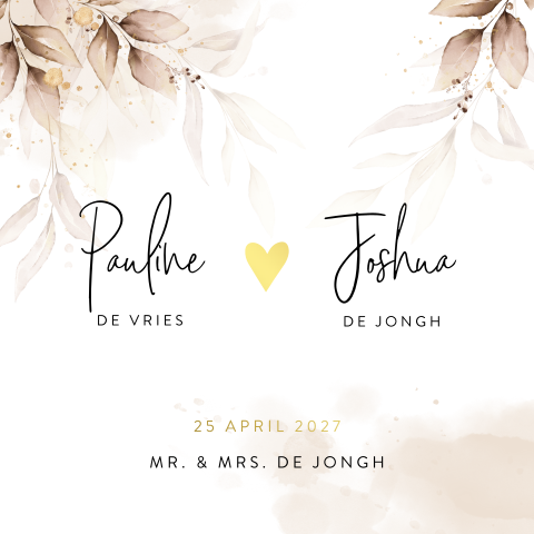Trouwkaart met beige bladeren en hartje in goudfolie