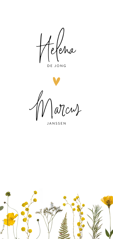 Trouwkaart met gele droogbloemen en groene typografie