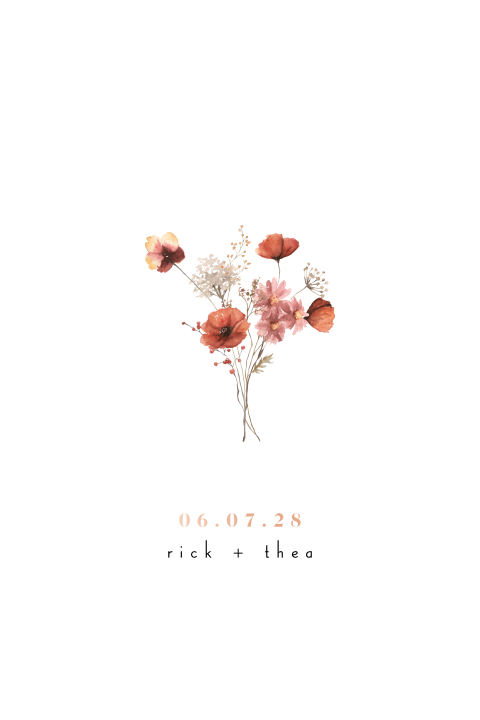 Minimalistische trouwkaart met klaprozen en roségoudfolie