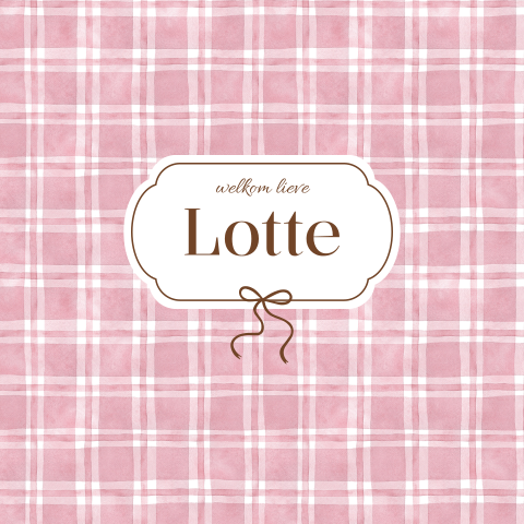 Klassiek geboortekaartje met roze ruitjes en bruin strikje