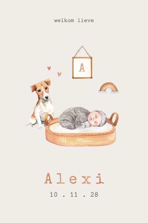 Beige geboortekaartje met waterverf hondje en baby