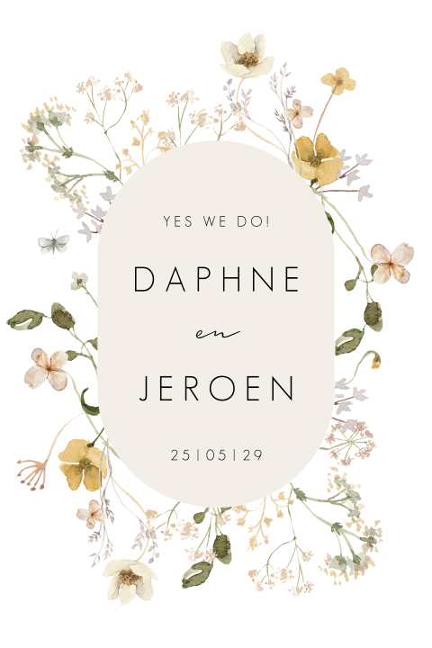 Witte trouwkaart met wilde bloemen in krans
