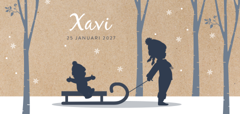 Silhouet geboortekaartje met baby en grote zus op slee in de sneeuw