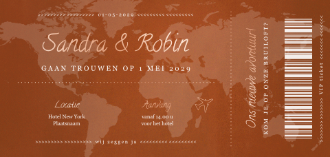 Roestbruin trouwticket met wereldkaart en rosegoudfolie