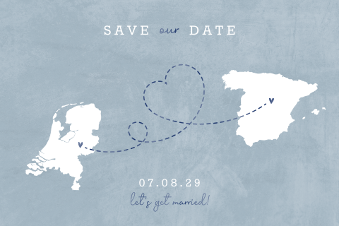 Blauwe save the date voor bruiloft in Spanje