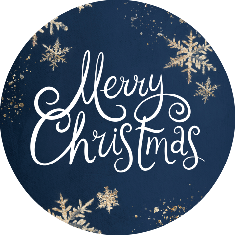 Donkerblauwe sluitsticker met gouden sneeuw en Merry Christmas