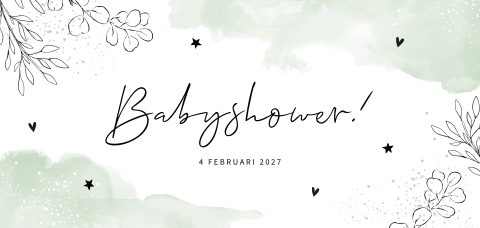 Uitnodiging babyshower met groene waterverf en hartjes