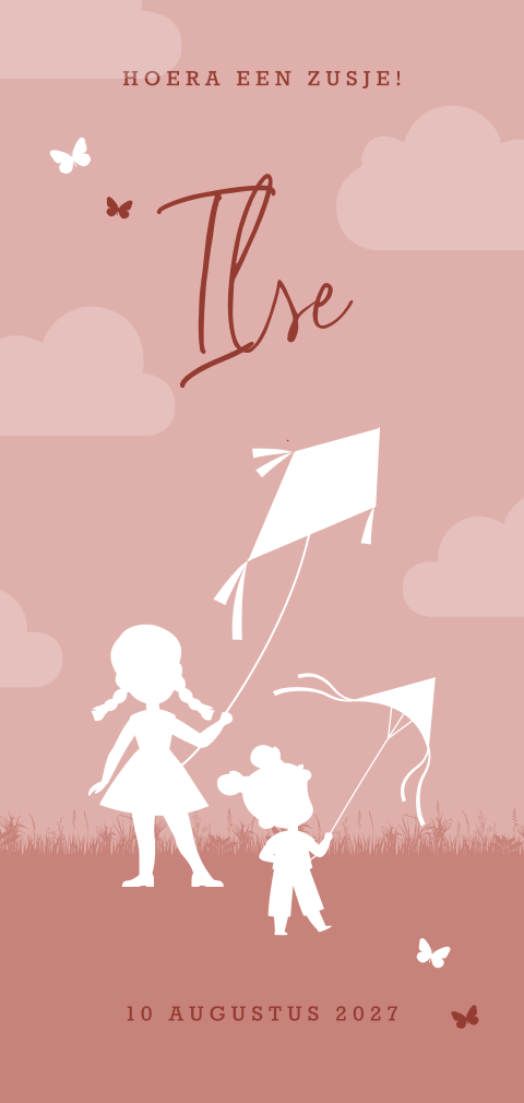 Roze geboortekaartje meisje met grote zus en vliegers