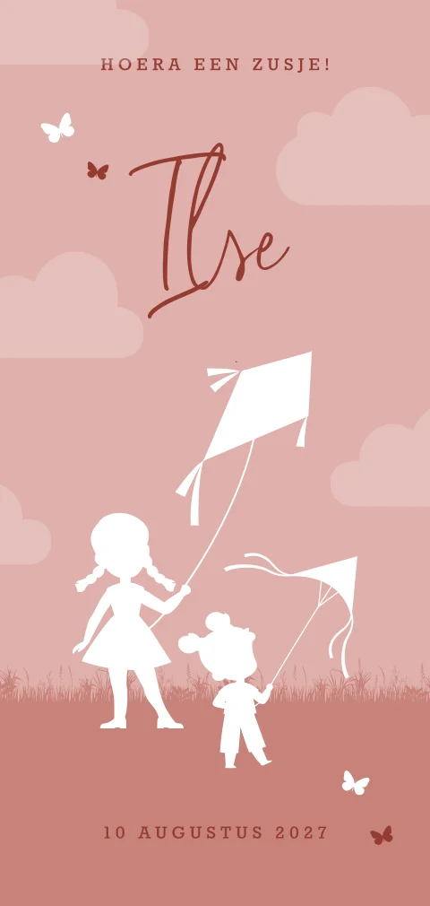 Roze geboortekaartje meisje met grote zus en vliegers