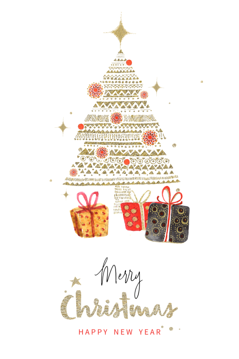Kerstkaart met gouden kerstboom met cadeautjes
