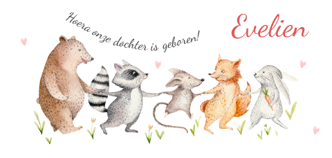 Schattig vrolijkgeboortekaartje met slinger van dieren voor een meisje