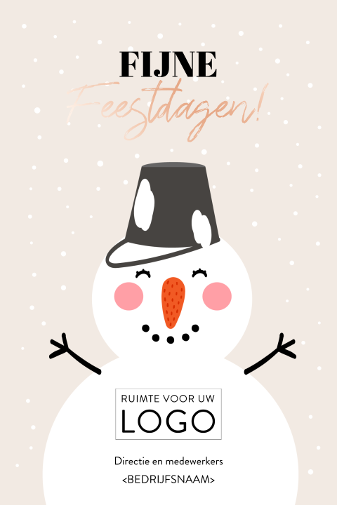 Kerstkaart met sneeuw, sneeuwpop en logo