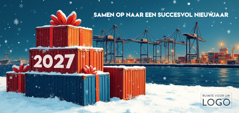 Nieuwjaarskaart haven met containers als cadeaus