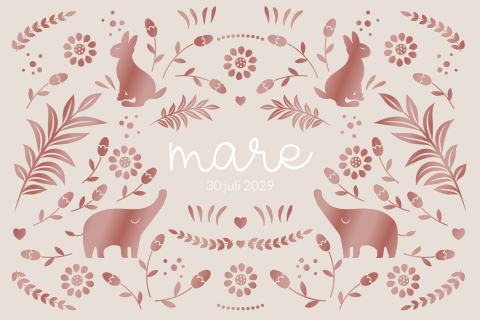 Meisje geboortekaartje bohemian met print konijn, olifant en bloemen
