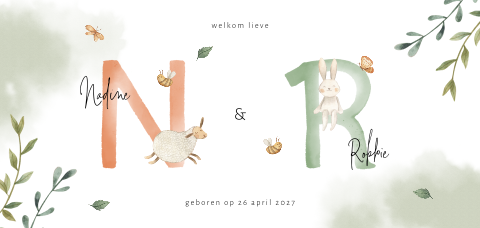 Tweeling geboortekaartje jongen en meisje met dieren en initialen
