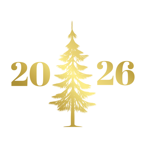Witte sluitsticker met goudfolie spar en 2026