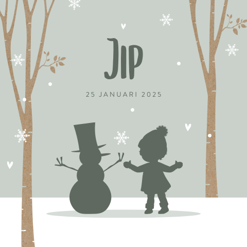 Winters geboortekaartje met jongetje en sneeuwpop