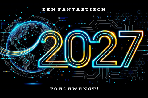 IT kerstkaart 2027 met digitale wereldbol