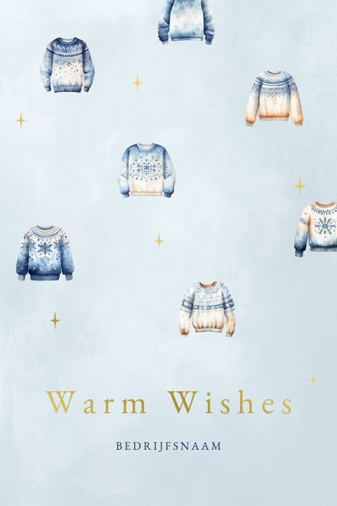 Kerstkaart met warme truien en warm wishes in goudfolie
