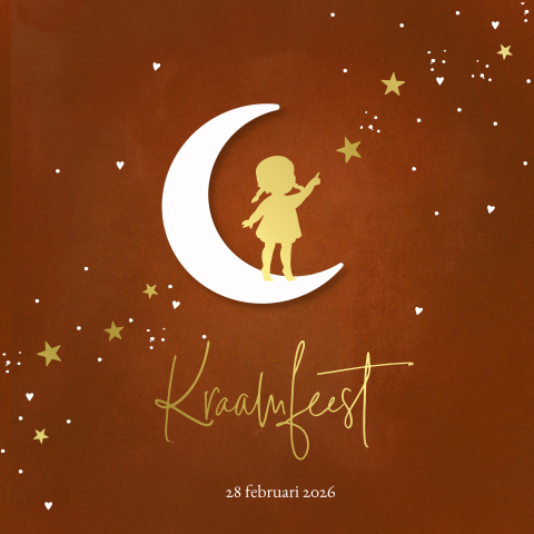 Goudfolie kraamkaartje met meisje op de maan en sterren