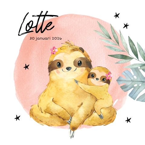 Lieve roze geboortekaart grote zus en meisje met luiaard en sterretjes