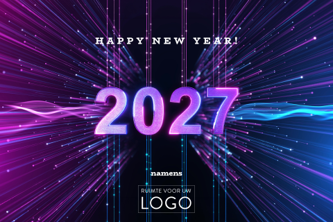 Zakelijke nieuwjaarskaart 2027 met paarse neon lichtlijnen