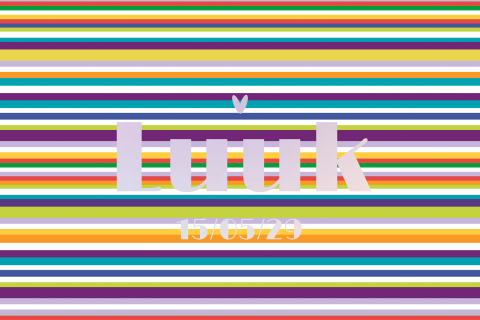 Retro geboortekaartje met strepen in felle kleuren en regenboogfolie