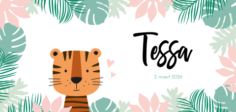 Geboortekaartje voor meisje met tropische bladeren en tijger