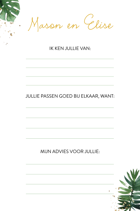 Invulkaartje voor bruiloft met tropische bladeren