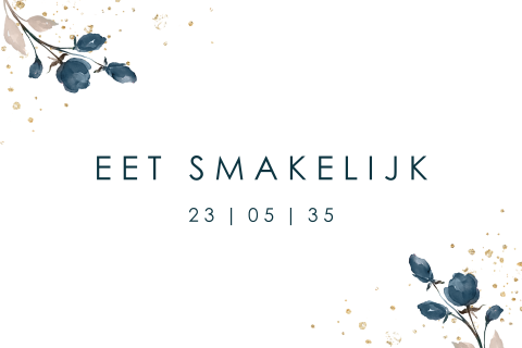 Tafelkaartje met gouden spetters en blauwe bloemen