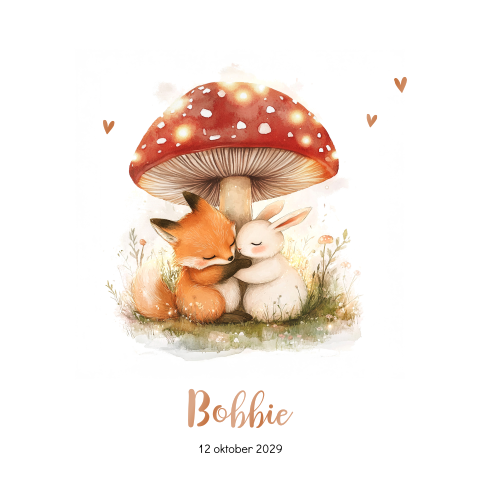Geboortekaartje herfst met vos en konijntje onder een paddestoel