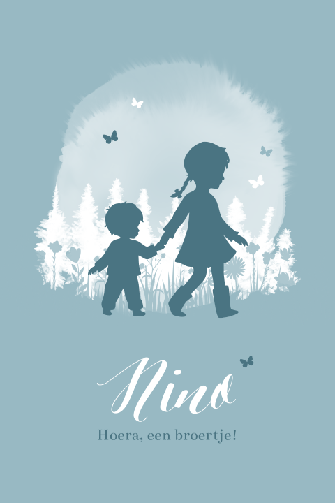 Silhouet geboortekaartje grote zus met broertje en blauwe vlinders