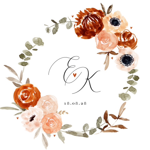 Waterverf trouwkaart met roze en oranje bloemen